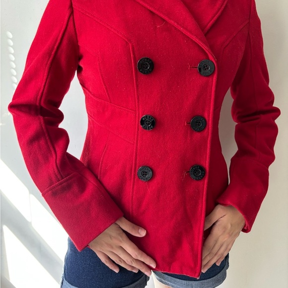Vintage Y2K GUESS Preppy Pea Coat Women's Cherry Red Wool Jacket - Size Small - Picture 3 of 14